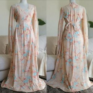 Vintage 1970s Floral Print Coral Peasant Maxi Wrap Dress